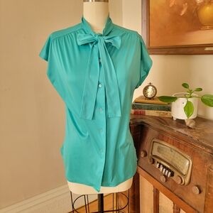 Vintage Teal Tie Front Bow Blouse Polyester 1970s 1980s Large